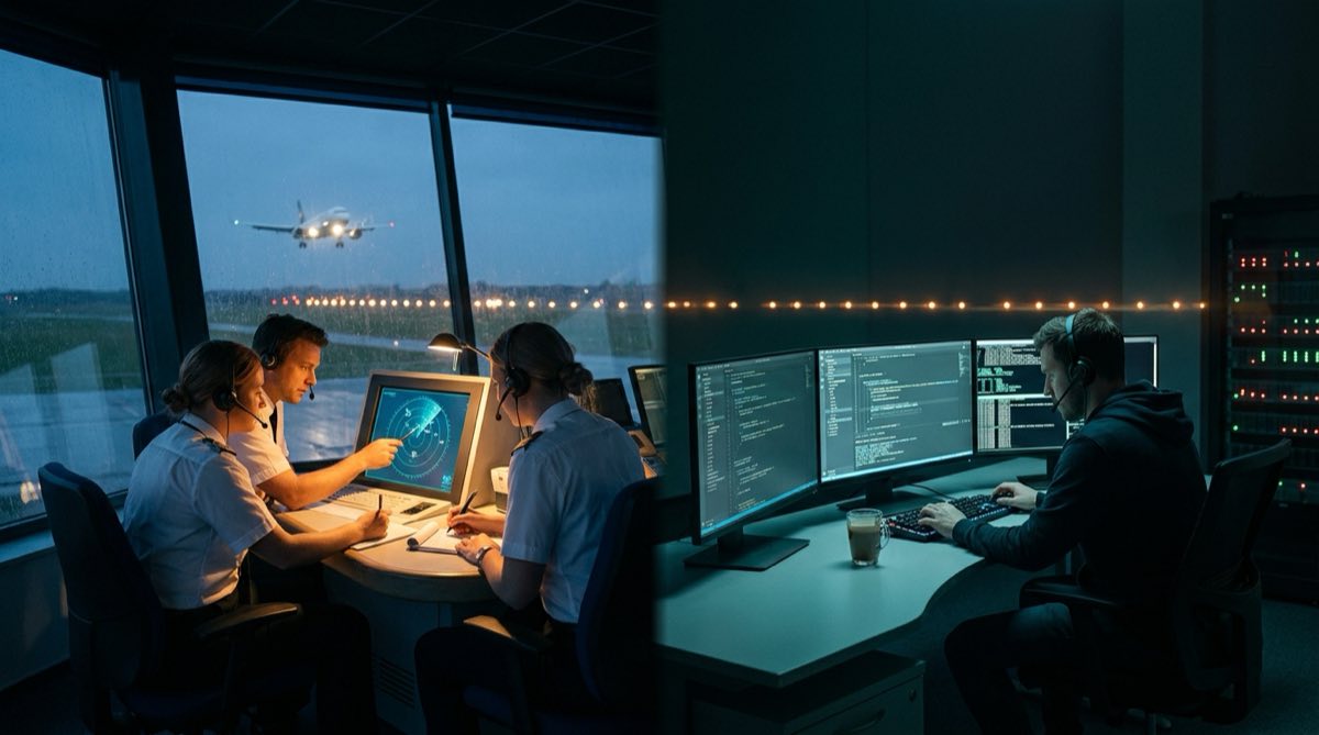 Escena dividida: controladores aéreos coordinan un avión en aproximación mientras un desarrollador supervisa varios agentes de código.