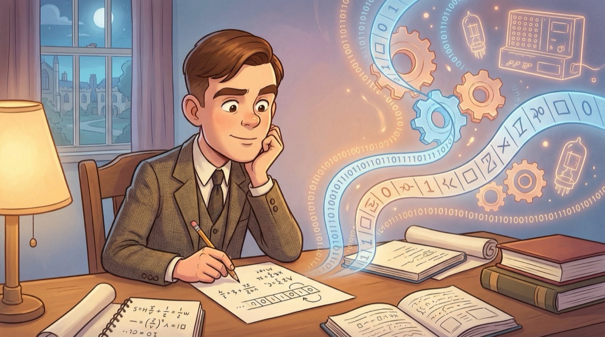 Alan Turing contemplando los fundamentos teóricos de la computación
