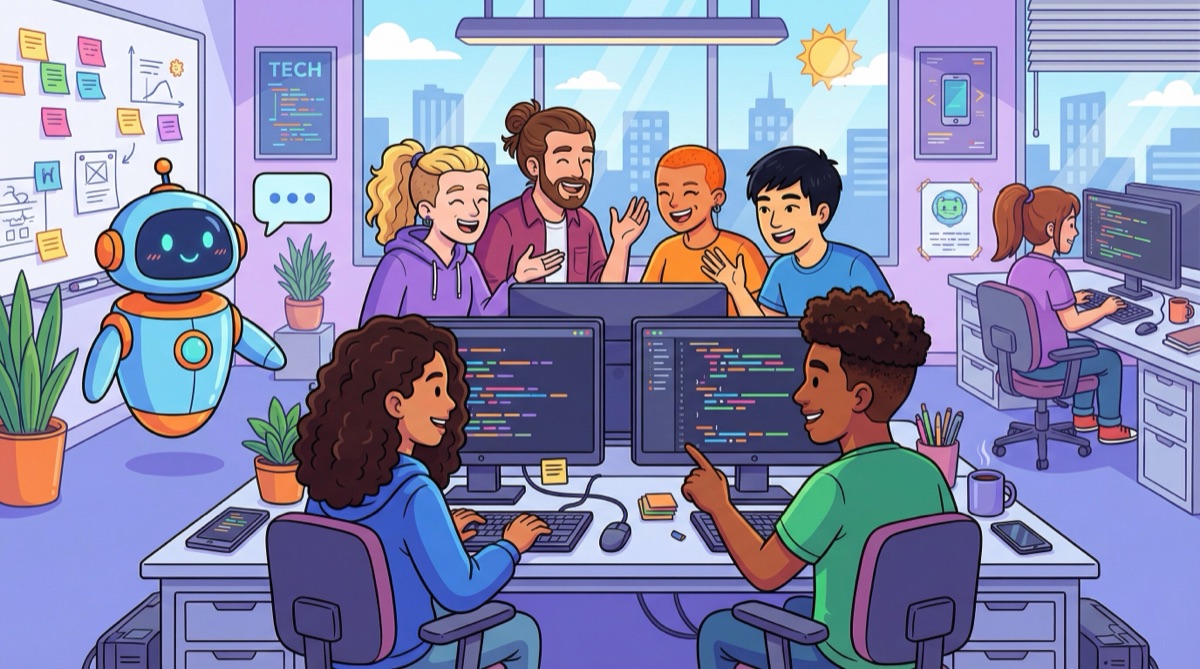 Dos desarrolladores colaborando en una estación de trabajo, uno señalando código en la pantalla mientras el otro escribe, ilustrando la programación en parejas en la práctica