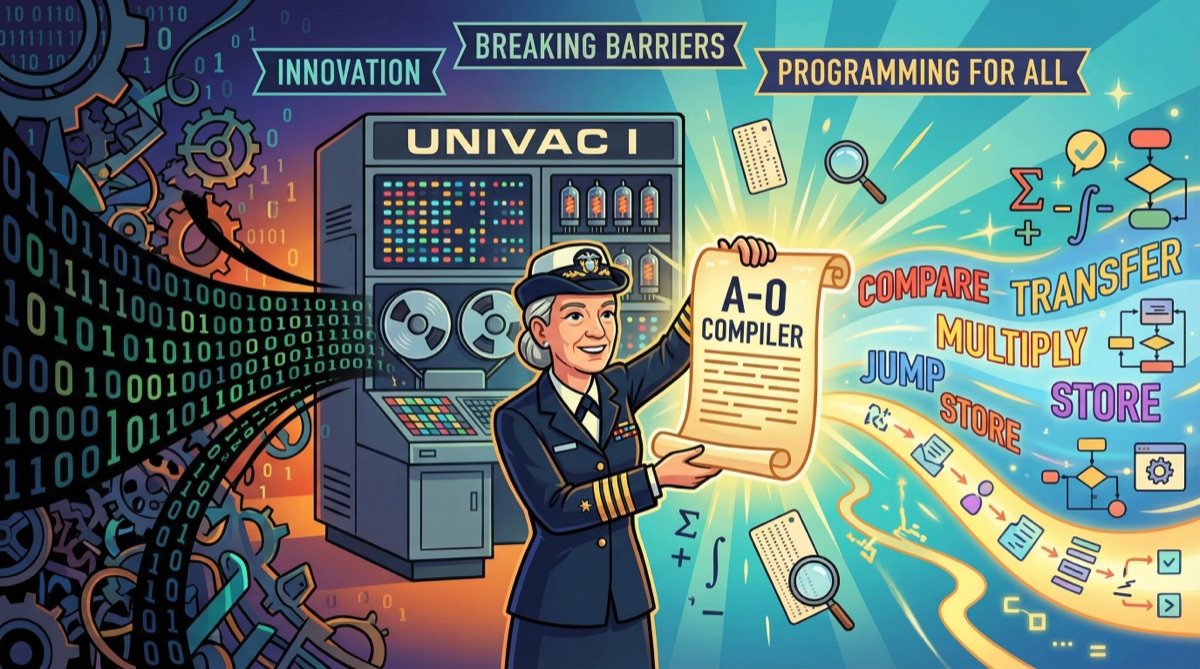Representación artística del legado de Grace Hopper — una terminal de computadora vintage con código fluyendo que se transforma en texto legible por humanos
