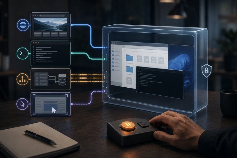 Four panels with a browser window, terminal, database icon, and cursor connect by colored lines to a transparent box containing desktop windows. A hand rests beside an illuminated pause button.