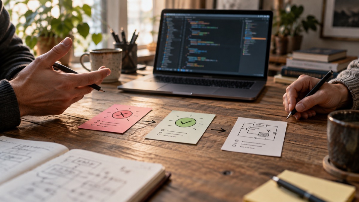 Two people discuss a small software change beside cards showing a failing test, a passing test, and a revised design.