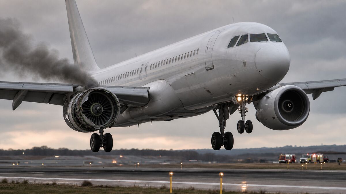 A twin-engine passenger jet landing with smoke trailing from its visibly damaged, stopped near engine
