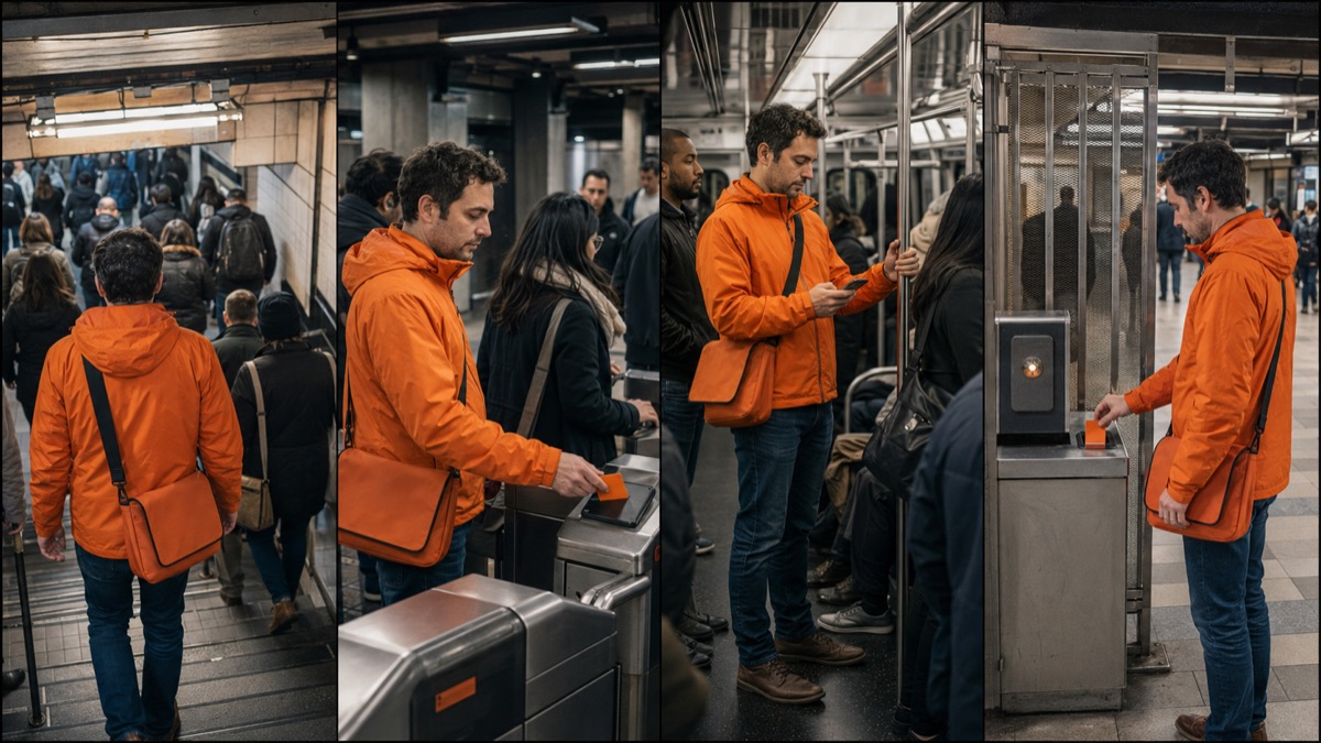 A four-panel collage of a bright-orange test rider completing and retiring a temporary subway journey among morning commuters