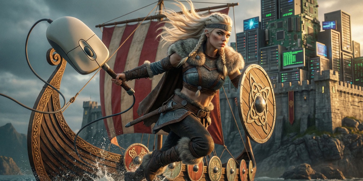 Una ilustración digital de un desarrollador de software vestido como un guerrero vikingo, sosteniendo un martillo brillante de refactorización, de pie victorioso sobre una pila de código espagueti