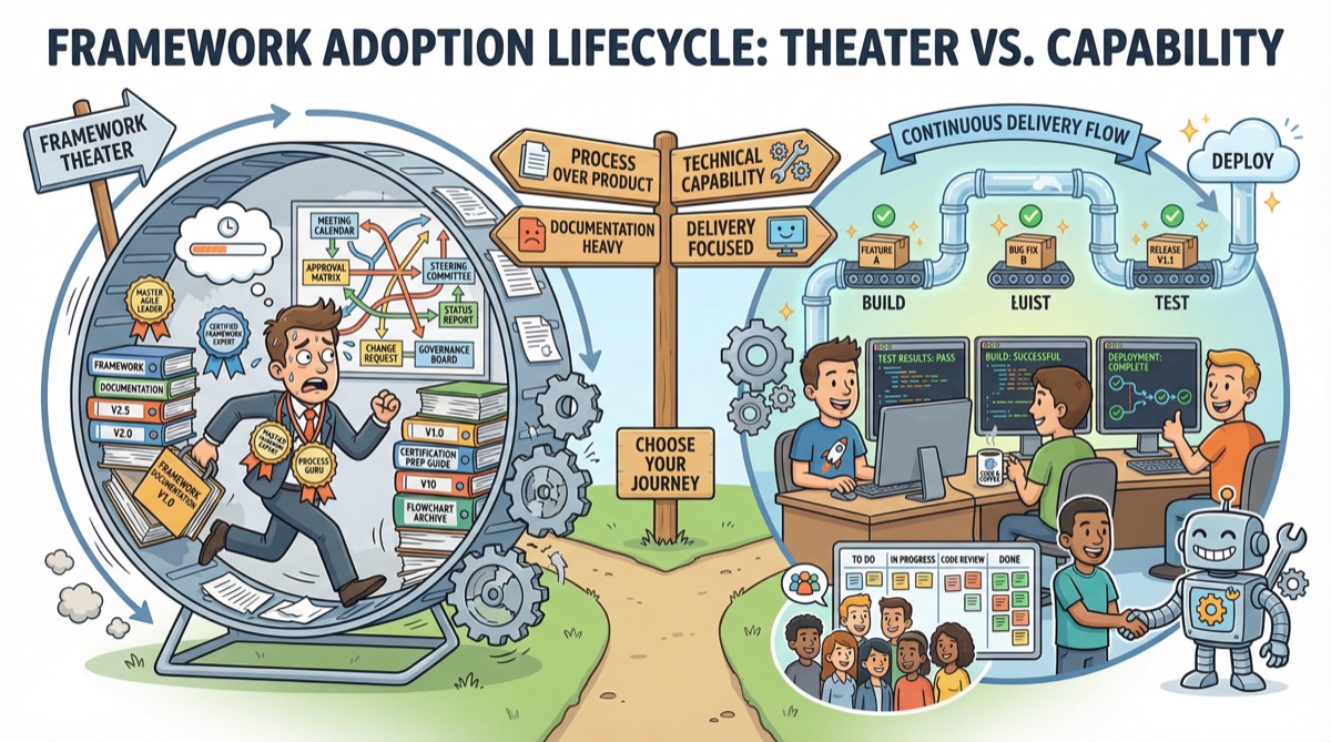 El Ciclo de Adopción de Frameworks — un diagrama circular que muestra a las organizaciones pasando por Adopción, Personalización, Frustración y Re-adopción, con rutas de escape hacia la capacidad técnica genuina
