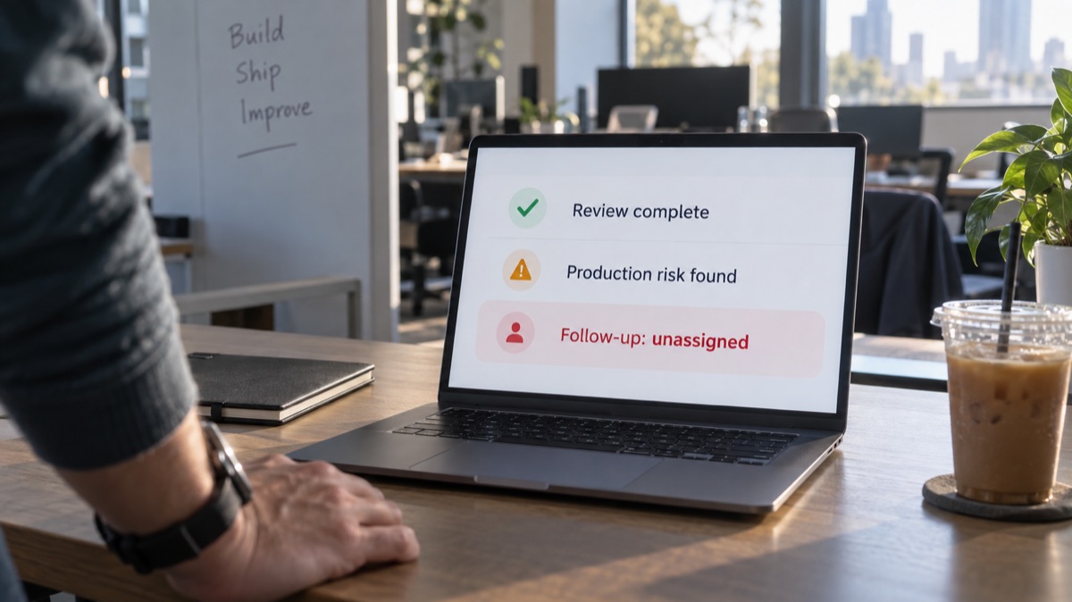 A person at an office desk looks at a laptop showing Review complete, Production risk found, and Follow-up: unassigned.