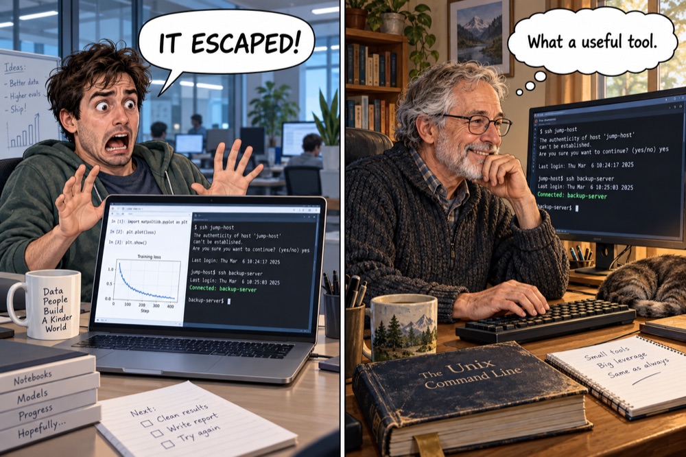 A young data scientist recoils from an SSH session, shouting ‘IT ESCAPED!’, while an older Unix user smiles at the same commands and thinks ‘What a useful tool.’
