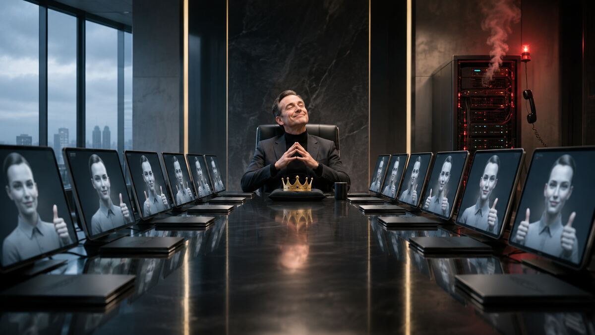 A smug founder presides over identical AI screens while an unattended server rack burns behind him.
