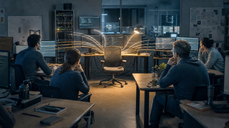 An empty office chair at the workstation where every system connection converges while colleagues wait.