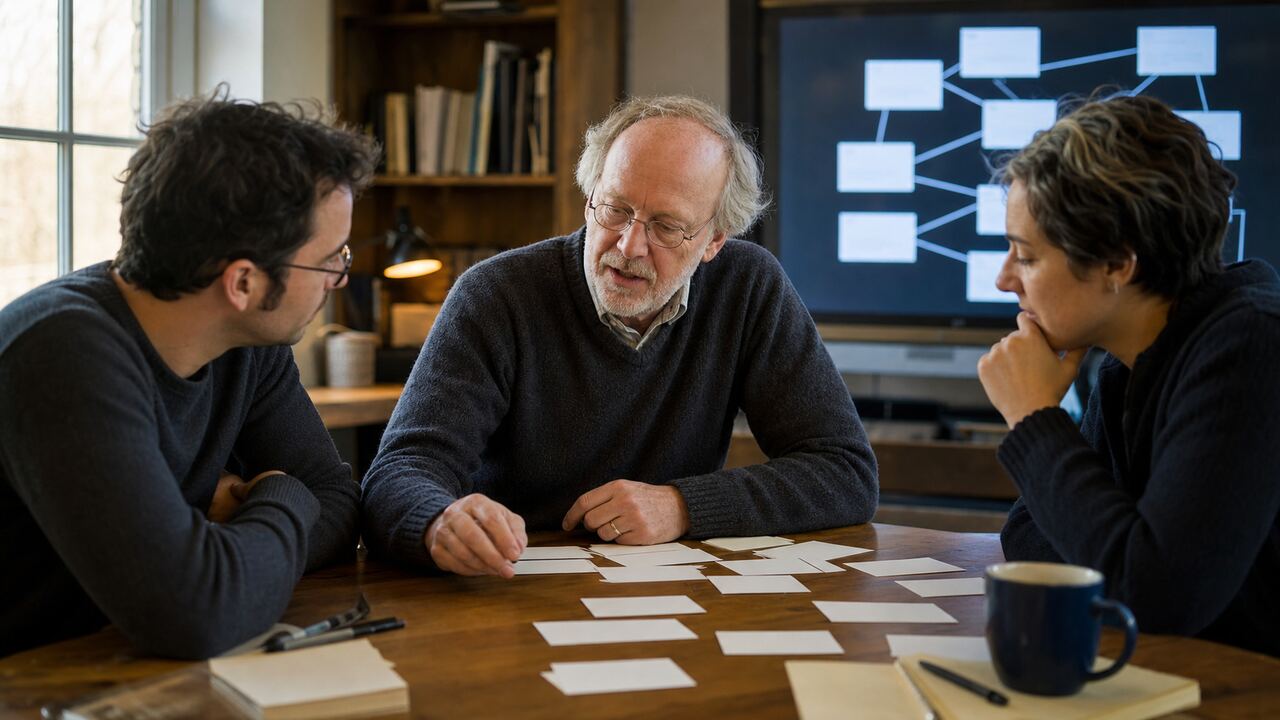 Ward Cunningham discusses a design with two developers using index cards beside a screen of linked pages.