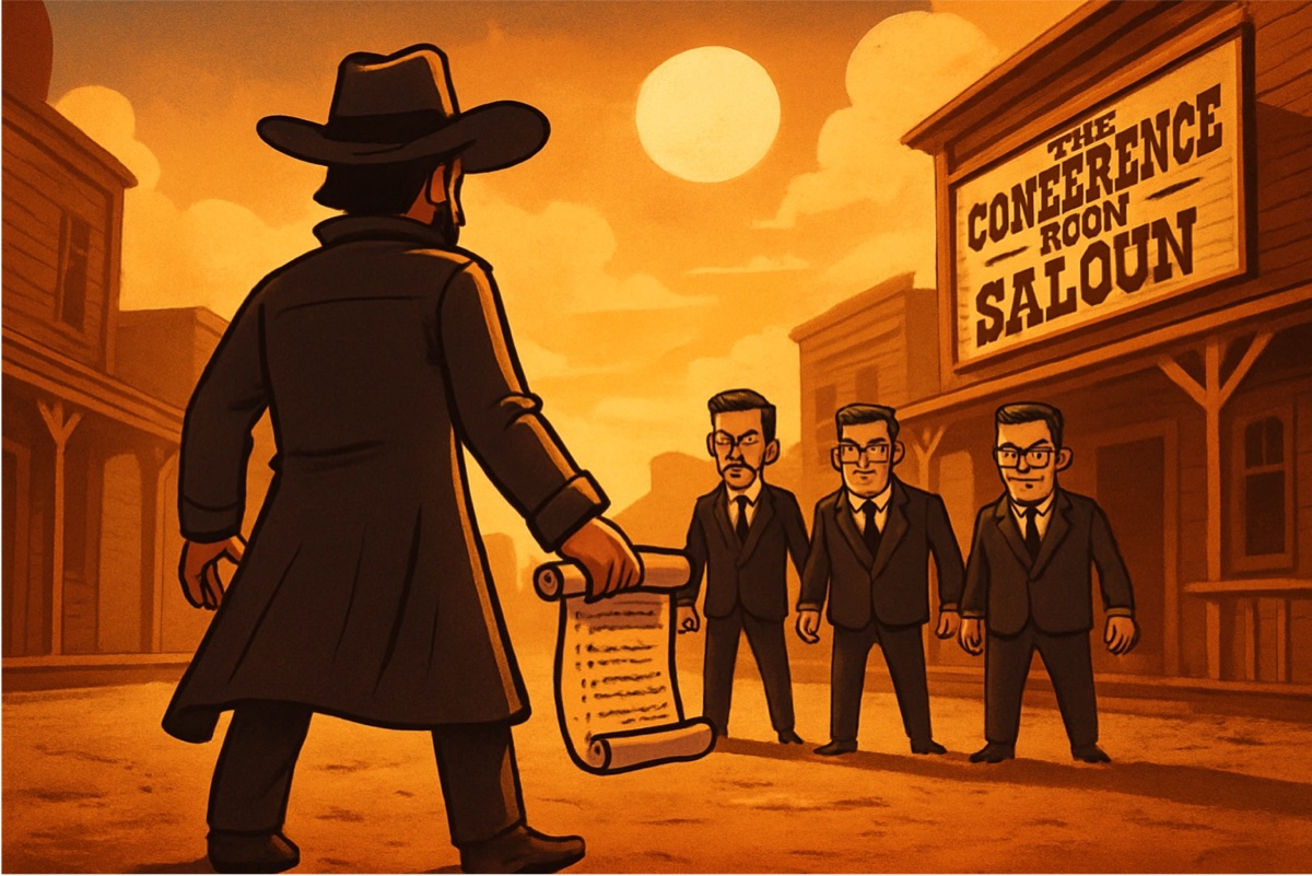 Escena de dibujo animado estilo western con desarrolladores en una pizarra siendo ignorados por ejecutivos en traje