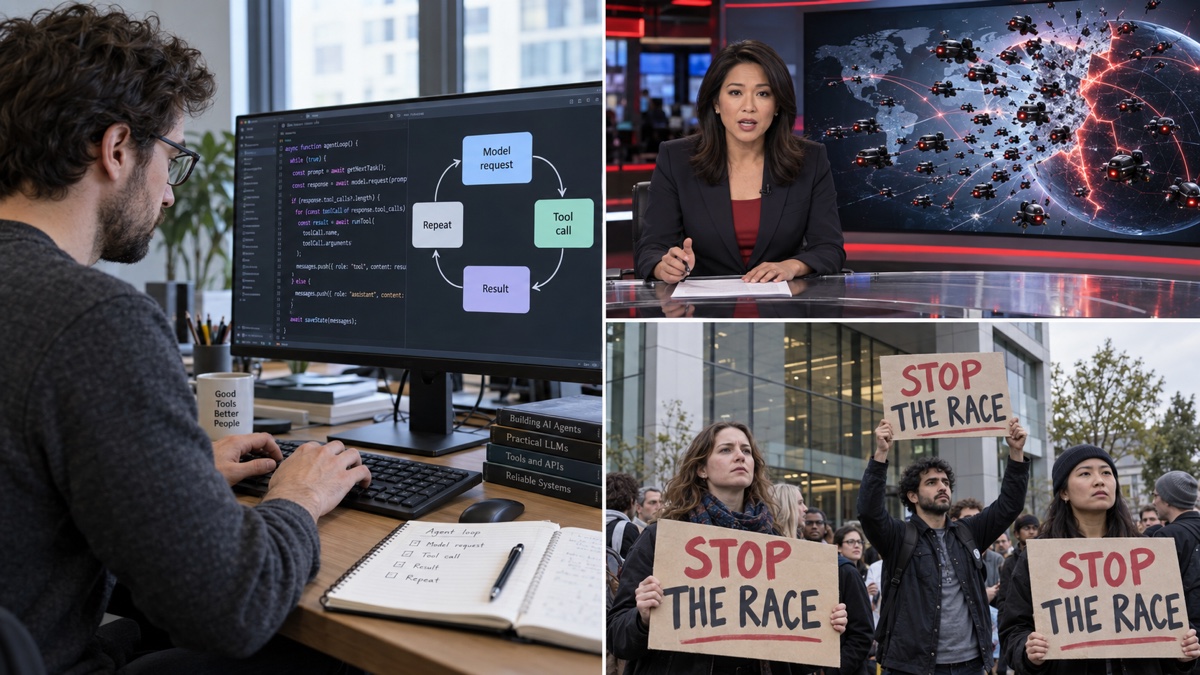 Split view of a developer building an AI agent loop, a news anchor beside an escaped-swarm graphic, and protesters outside an office demanding an end to the race