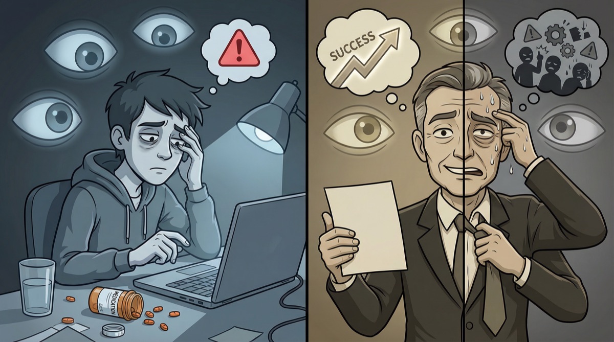 Ilustración dividida: un desarrollador ansioso ante advertencias y miradas amenazantes, y un directivo con un documento de metodología que piensa en el éxito en medio de sistemas rotos y caos