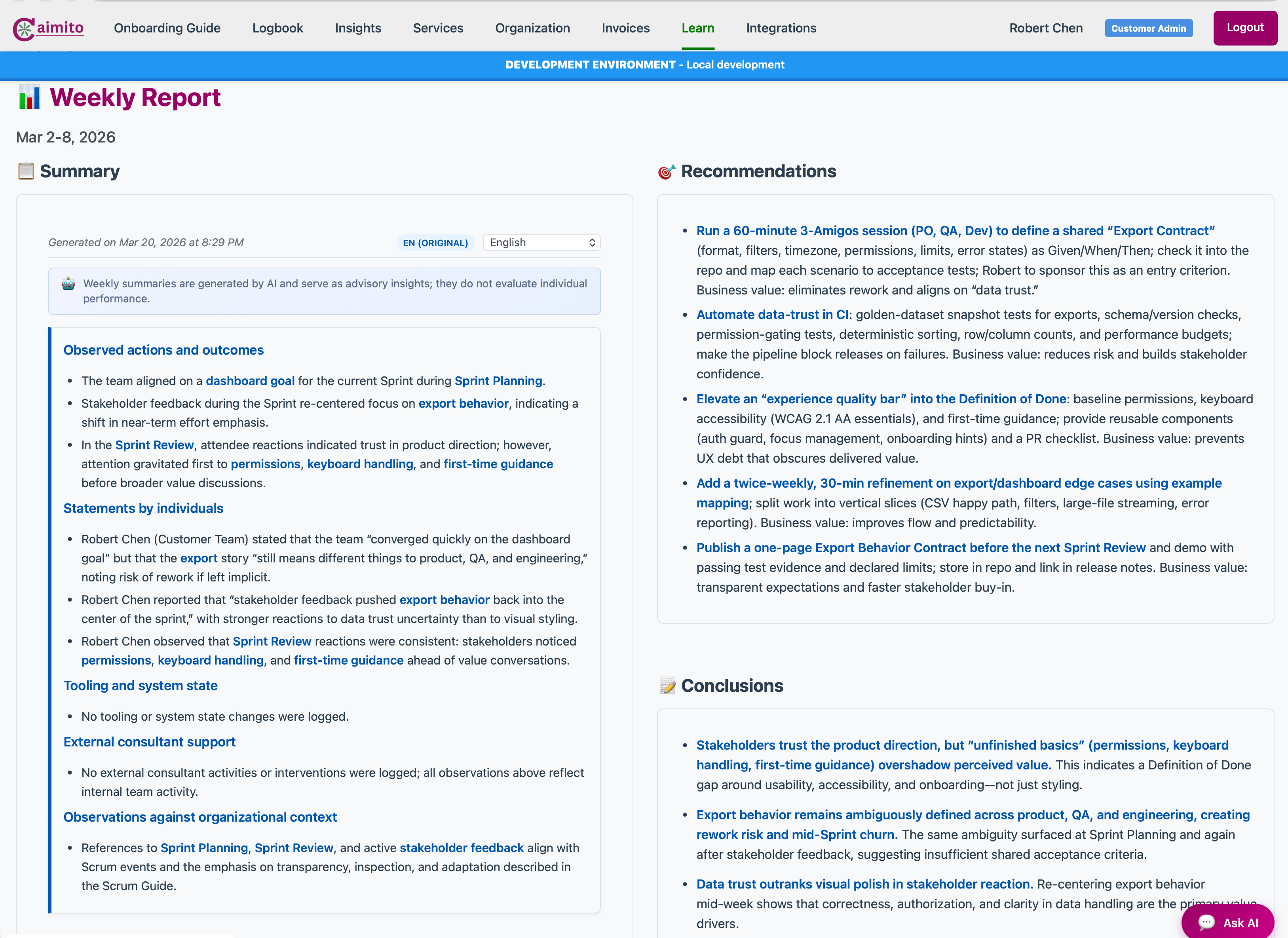 Informe semanal de ejemplo de Navigator