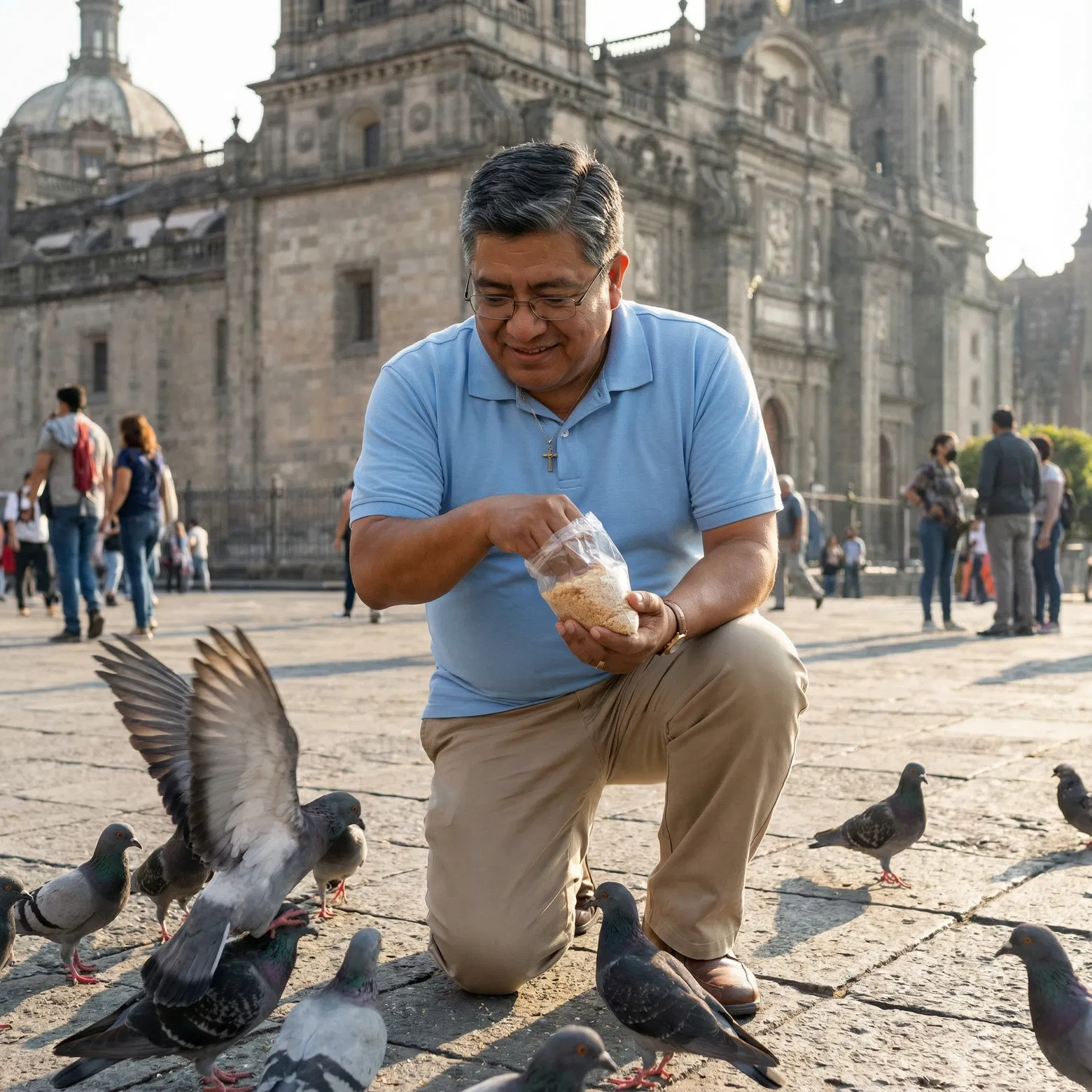 Mando alimentando palomas