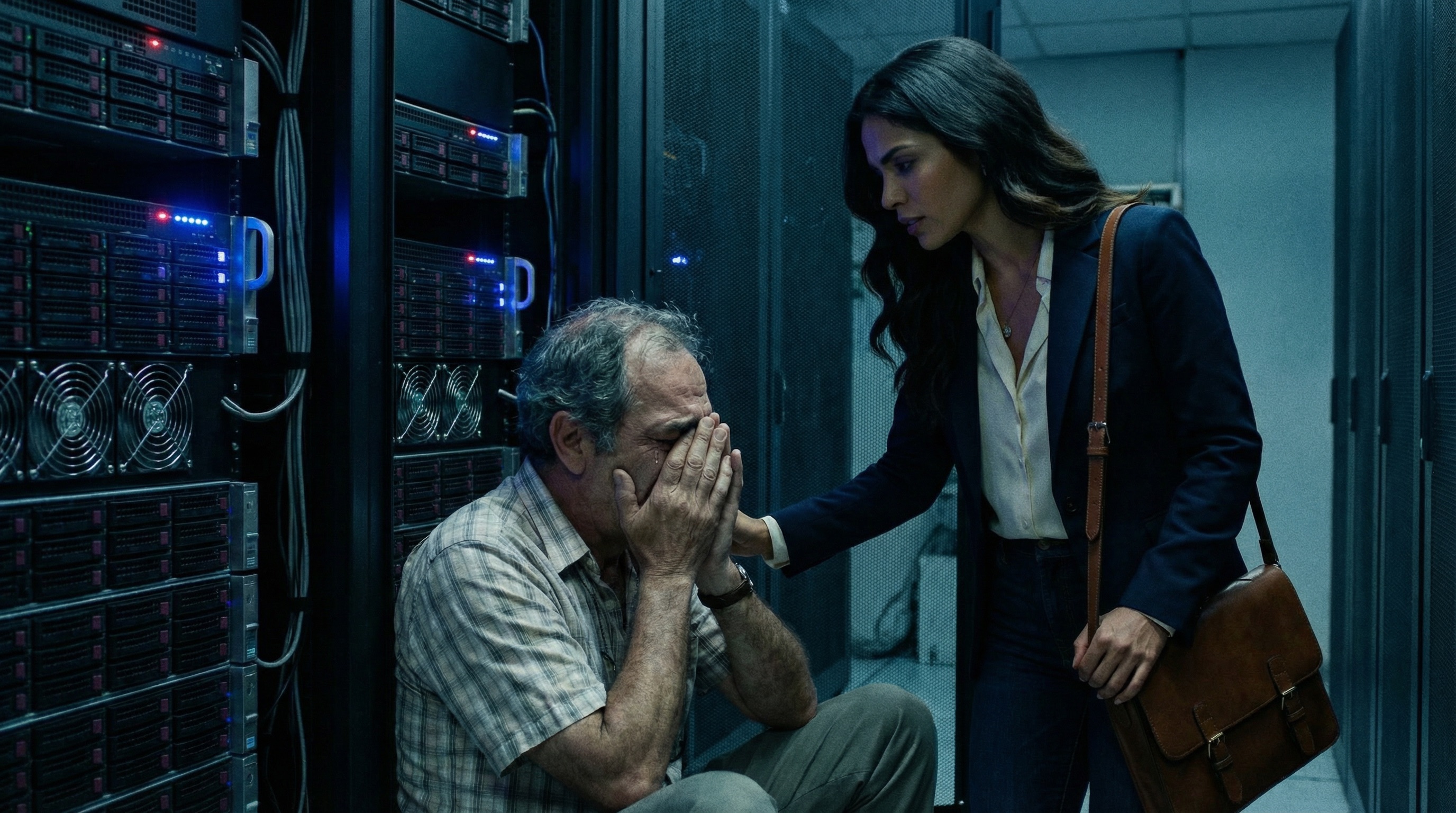 Héctor y Valentina en el cuarto de servidores