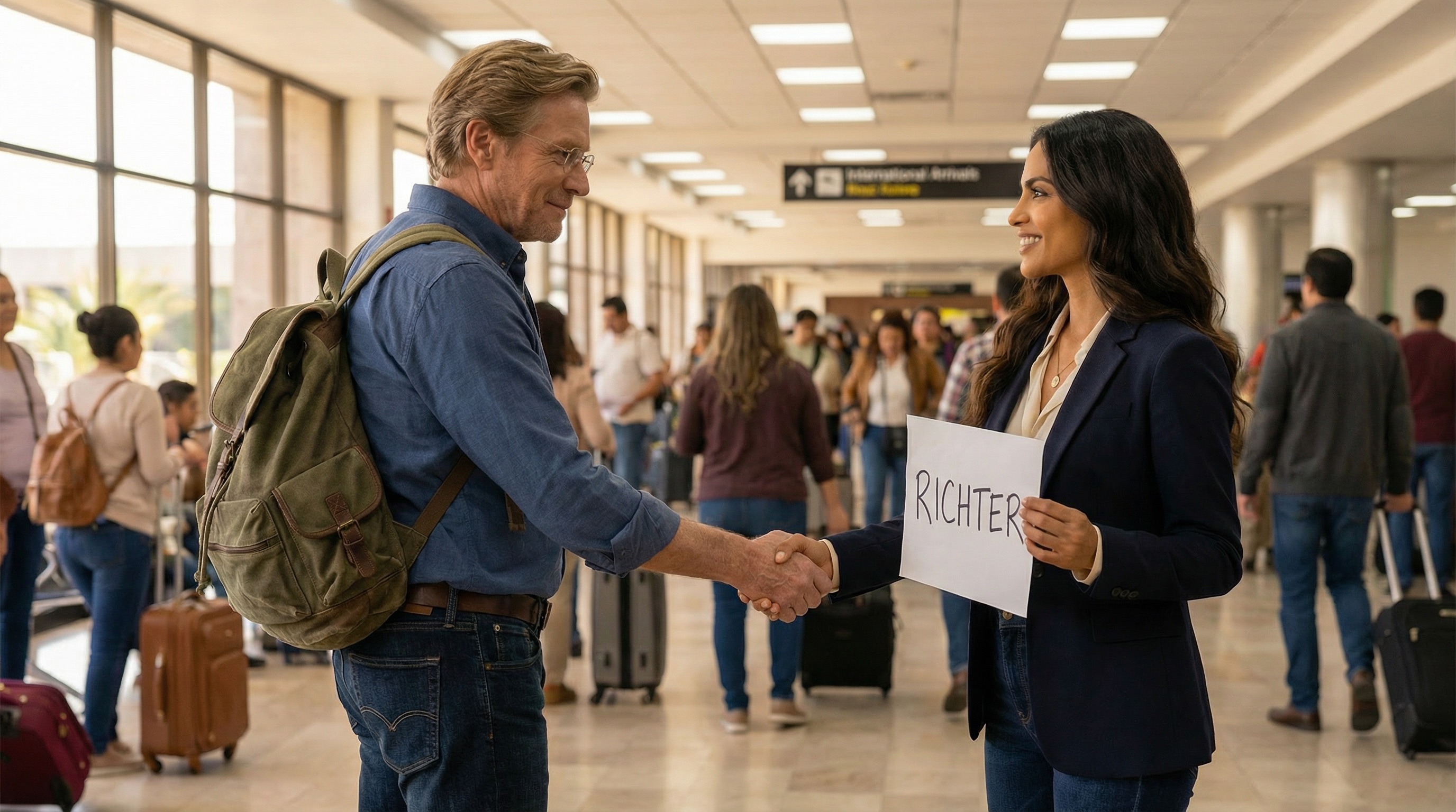 Stefan Richter llegando y saludando a un contacto en el aeropuerto