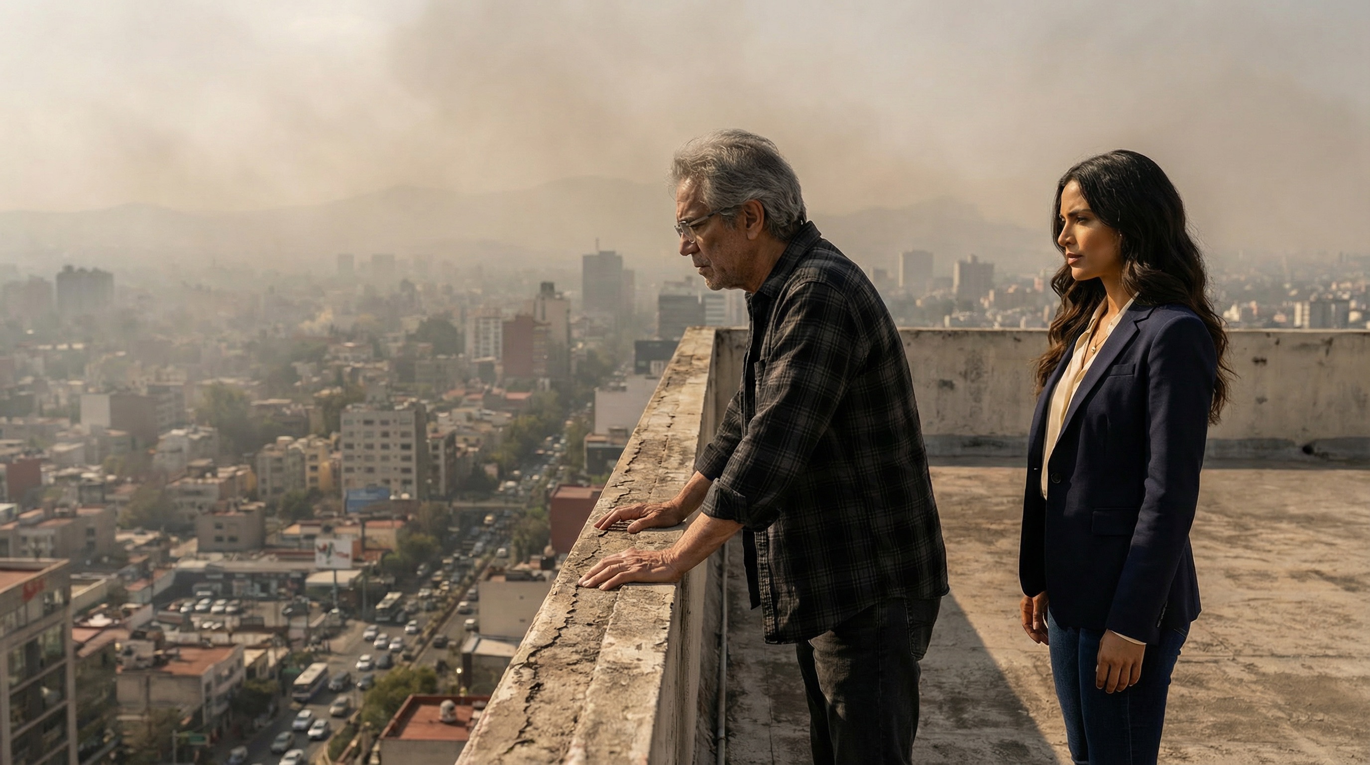Valentina está de pie junto a Rafa en la azotea, el horizonte de la Ciudad de México detrás de ellos