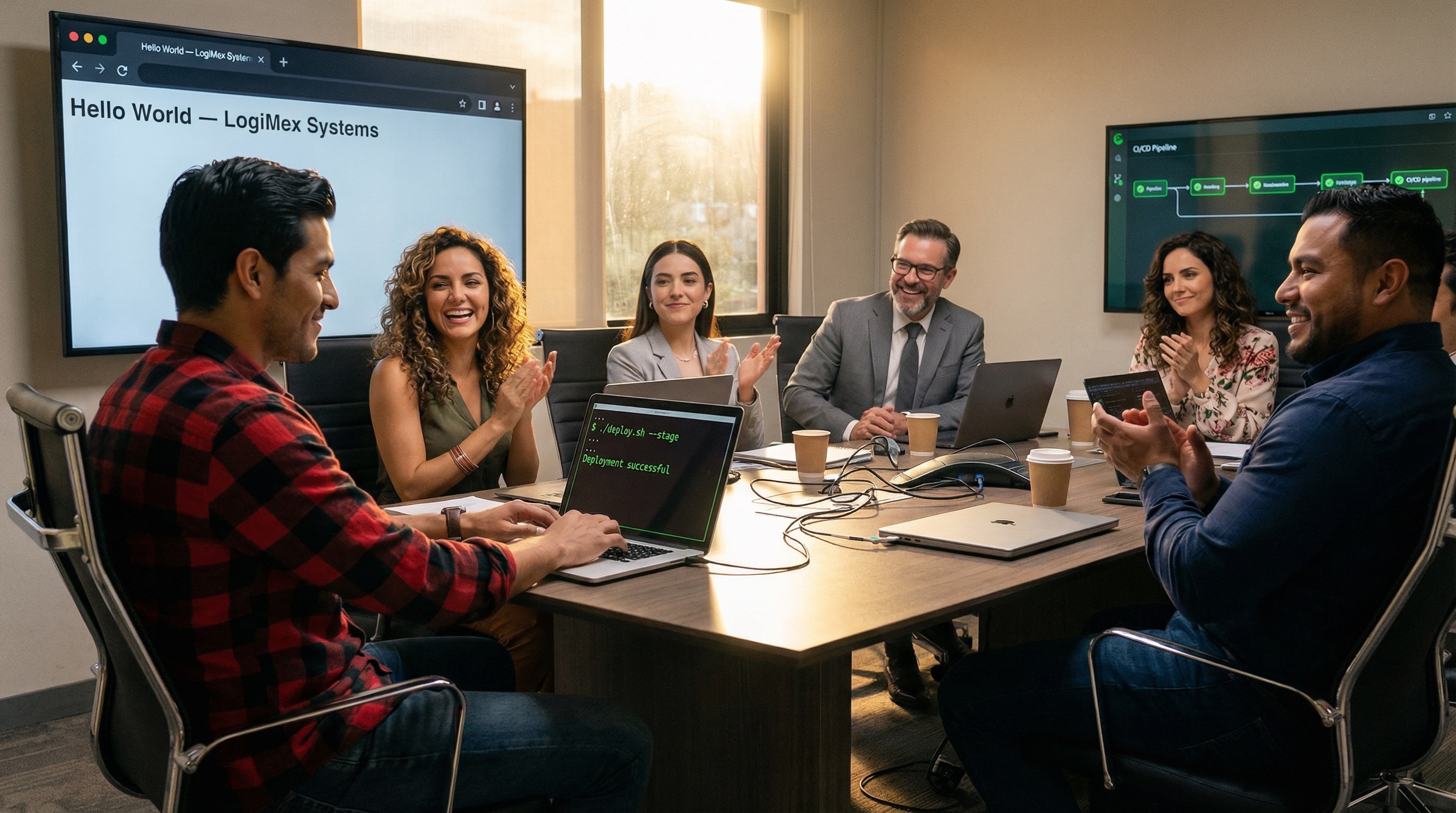 El equipo se reúne alrededor de la laptop de Diego mientras Hello World aparece en pantalla