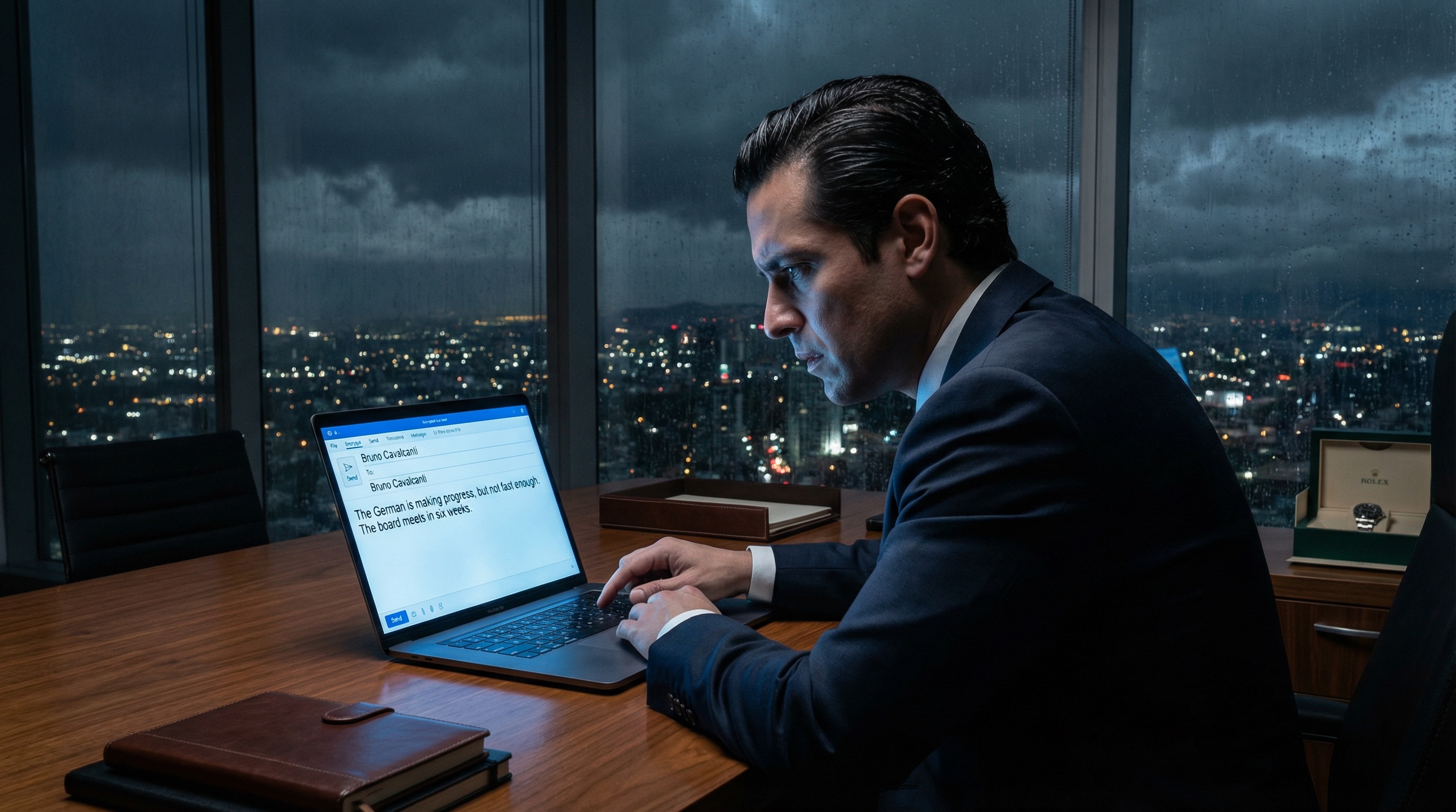 Patricio solo en su oficina oscura, laptop brillando, luces de la ciudad detrás de él