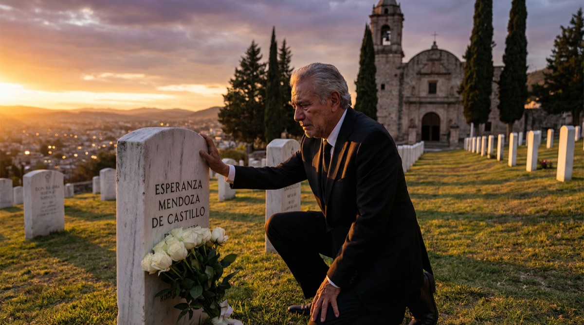 Don Rodrigo se arrodilla ante la tumba de su difunta esposa Esperanza al atardecer