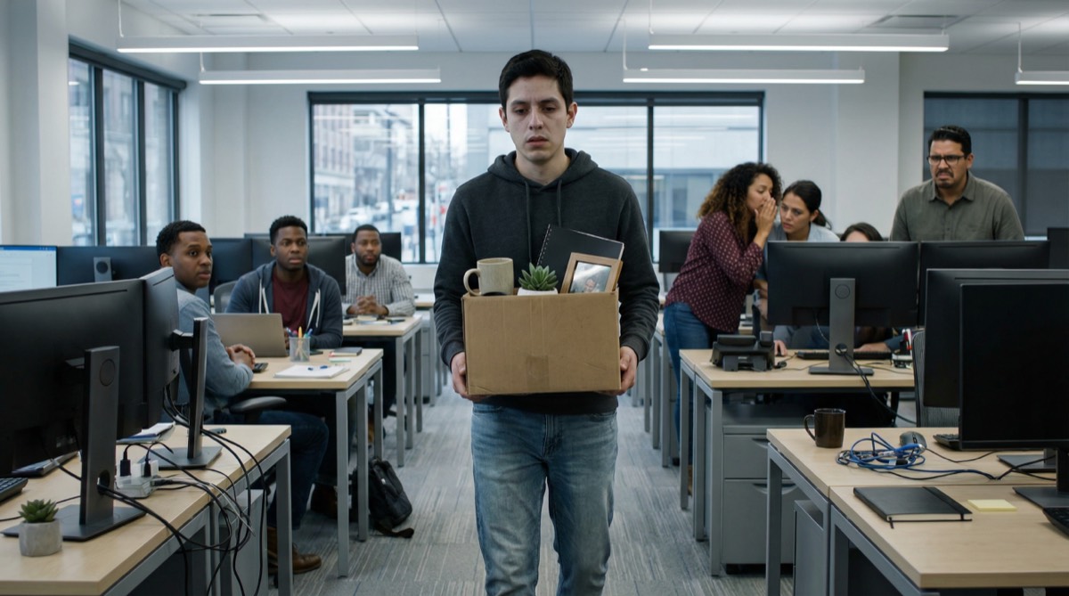Gabriel sale cargando una caja de cartón, la oficina en silencio