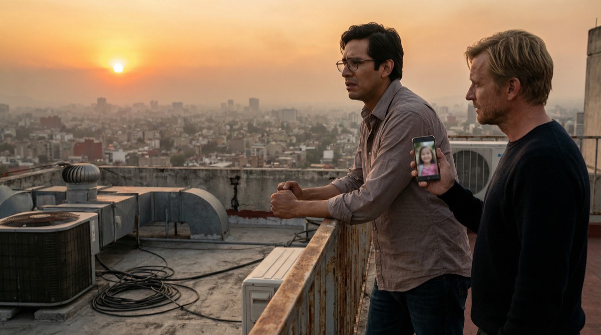 Diego y Stefan en la azotea al atardecer, Ciudad de México extendiéndose debajo