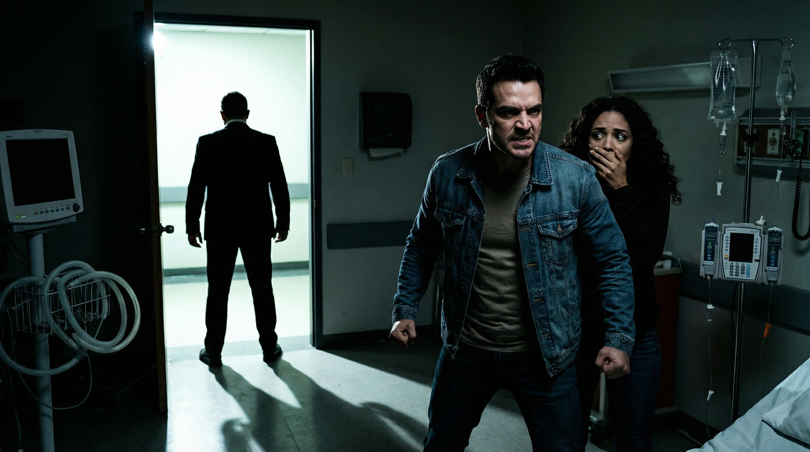 Bruno aparece en la entrada del hospital, silueteado contra la luz dura