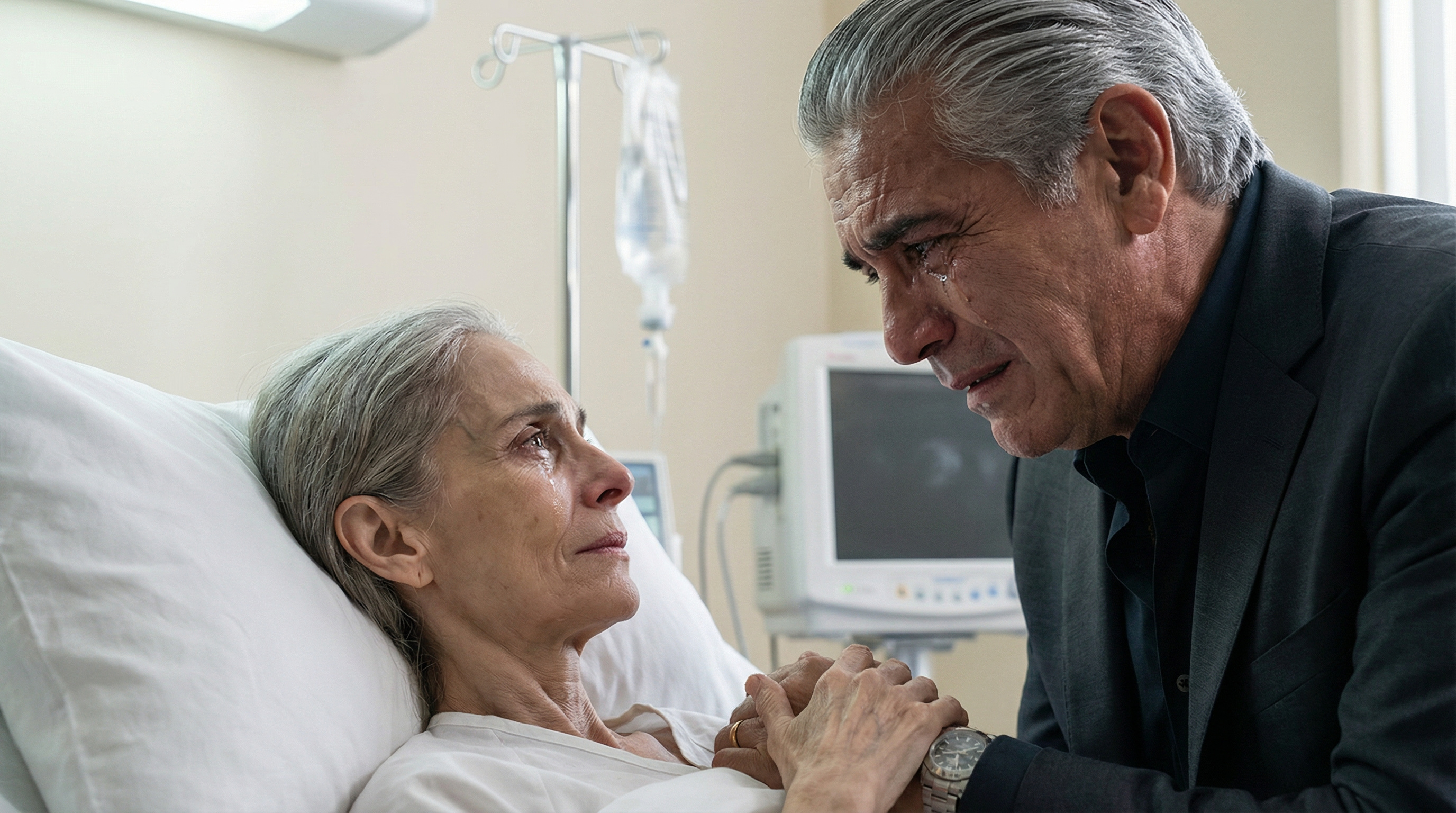 Don Rodrigo se sienta junto a la cama del hospital de Lucia, sosteniendo su mano delgada, lágrimas en su rostro curtido