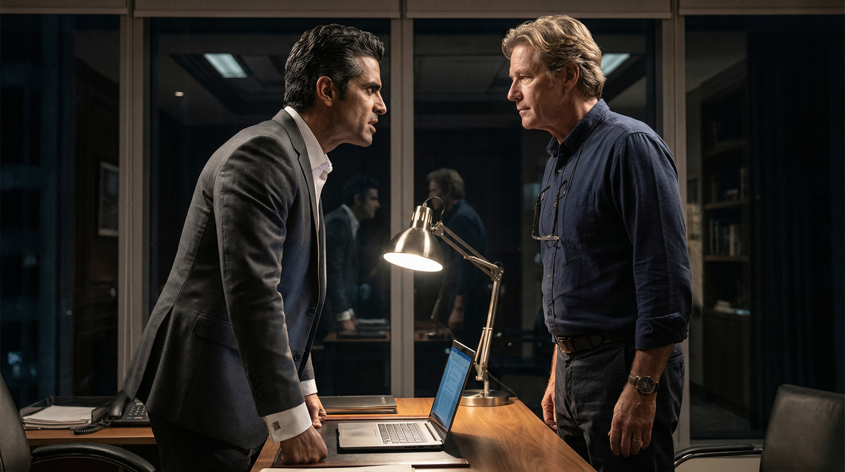 Bruno y Stefan se enfrentan a través del escritorio, la lámpara del escritorio proyecta sombras afiladas entre ellos