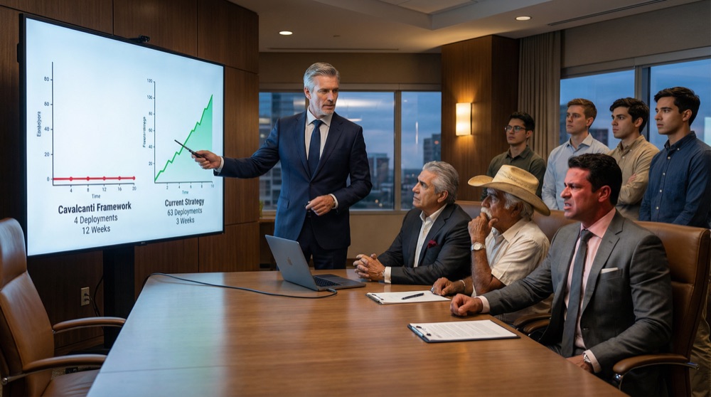 Stefan en la pantalla de presentación, mostrando métricas reales de despliegue — líneas verdes subiendo mientras las líneas rojas del framework de Bruno se mantienen planas