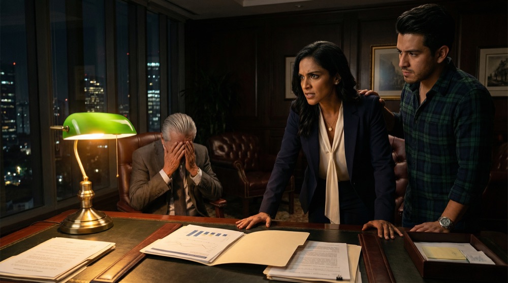Valentina y Diego a altas horas de la noche en la oficina de Don Rodrigo, la carpeta abierta sobre el escritorio, el rostro de Valentina salvaje de determinación