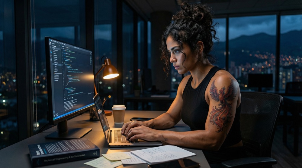 Salome Ruiz programando de noche con Medellin al fondo