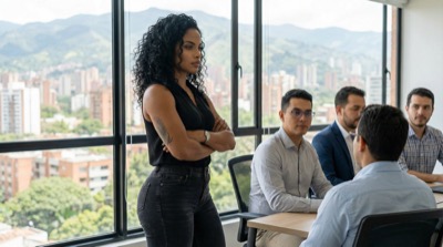 Salome Ruiz de pie en una sala de reuniones mientras los demas escuchan