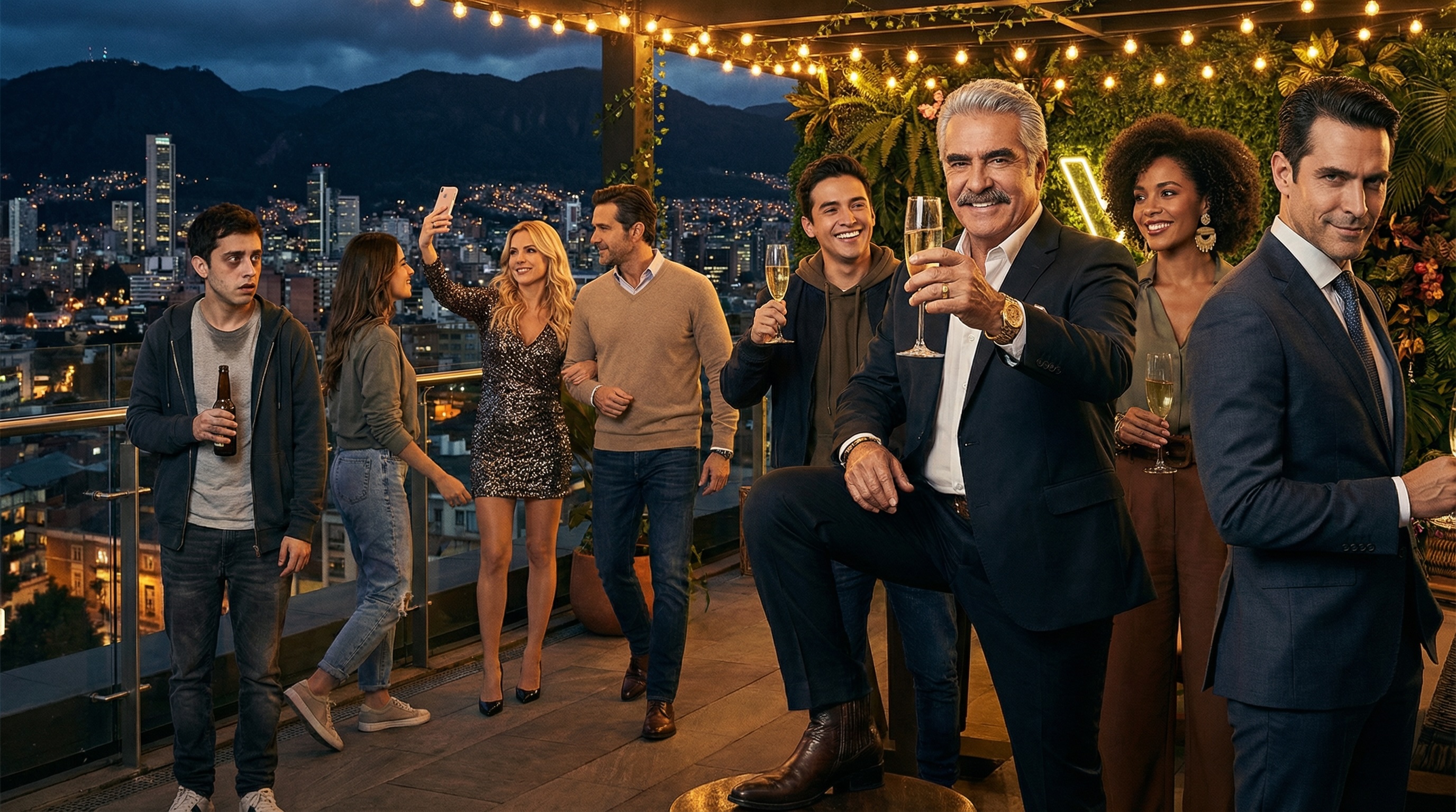 Don Hernando levanta su copa de champán en la terraza, el skyline de Bogotá brillando detrás de él mientras el equipo de FinPulso celebra su Serie A de 15 millones de dólares.