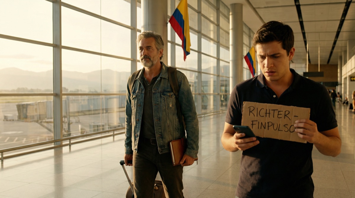 Stefan Richter camina por el aeropuerto El Dorado en la luz temprana de la mañana, bolso de mano al hombro, cuaderno de cuero en mano. Un conductor nervioso sostiene un cartel que dice RICHTER — FINPULSO.
