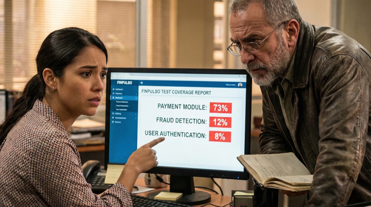 Stefan y Camila se inclinan sobre un monitor mostrando un reporte de cobertura de pruebas. Los números pintan un cuadro sombrío — alta cobertura en módulos sin importancia, casi nada en la lógica de negocio central.