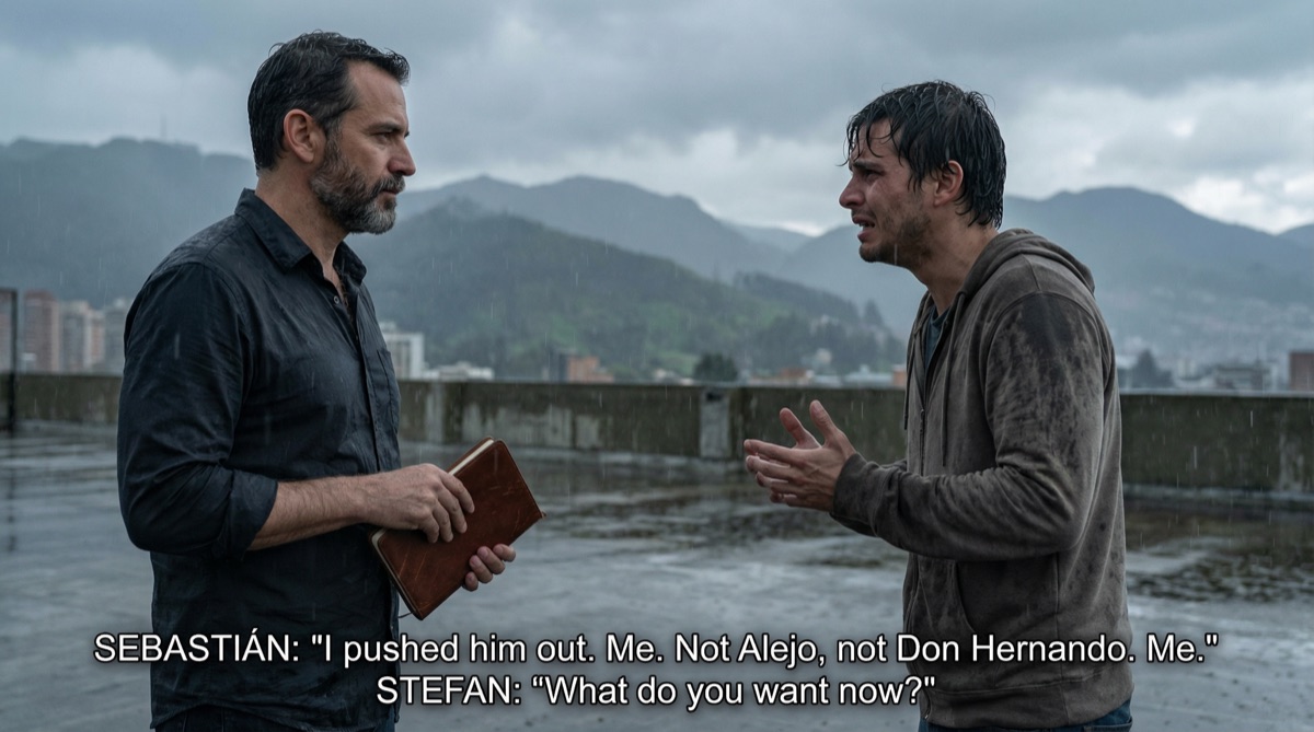Stefan y Sebastián están de pie en el techo bajo la llovizna, el horizonte de Bogotá gris detrás de ellos. Sebastián luce exhausto, atormentado. Stefan escucha con su cuaderno cerrado por una vez.