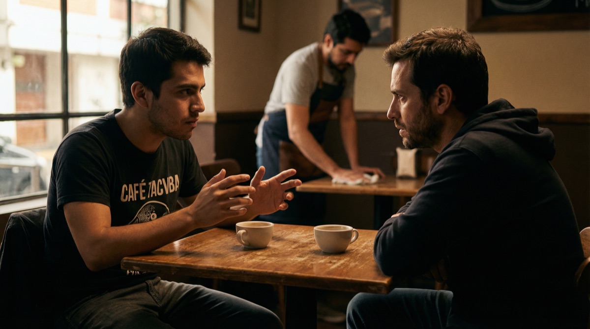 Diego inclinado sobre la mesa de la cafetería, su mirada intensa mientras explica su plan a Sebastián. El contraste entre la ropa desgastada de Diego y la apariencia de startup de Sebastián es evidente.