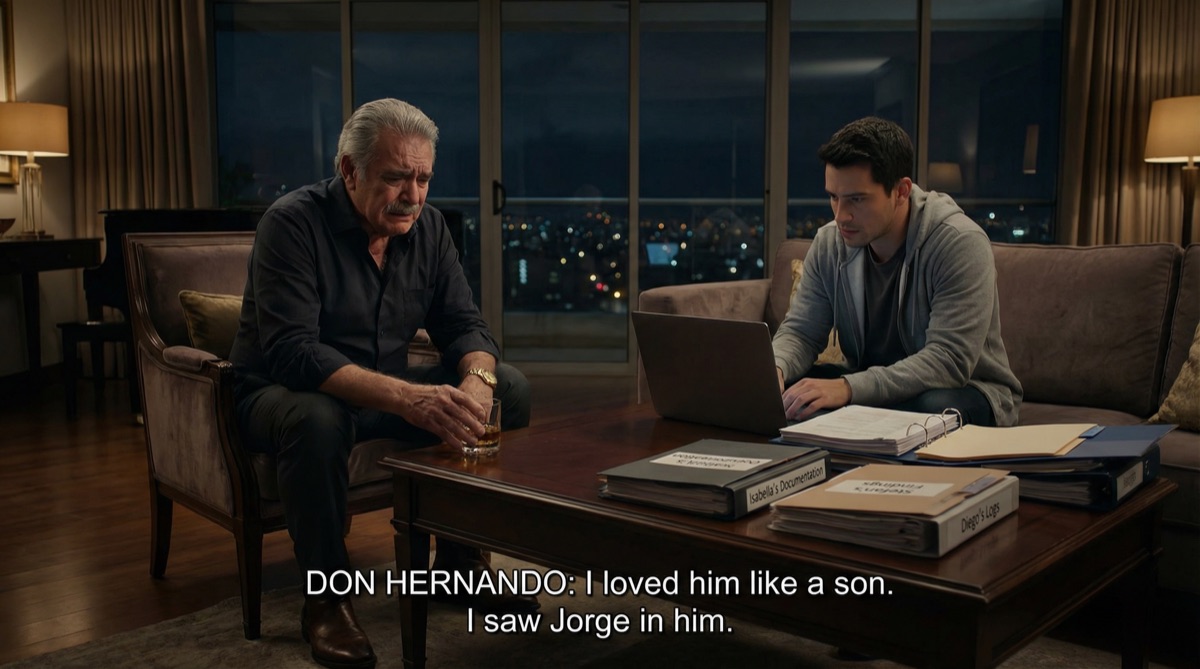 Don Hernando y Sebastián sentados en el penthouse de Don Hernando, una botella de aguardiente intacta entre ellos. La luz es tenue, el ambiente pesado. Por la ventana brillan las luces de Bogotá.