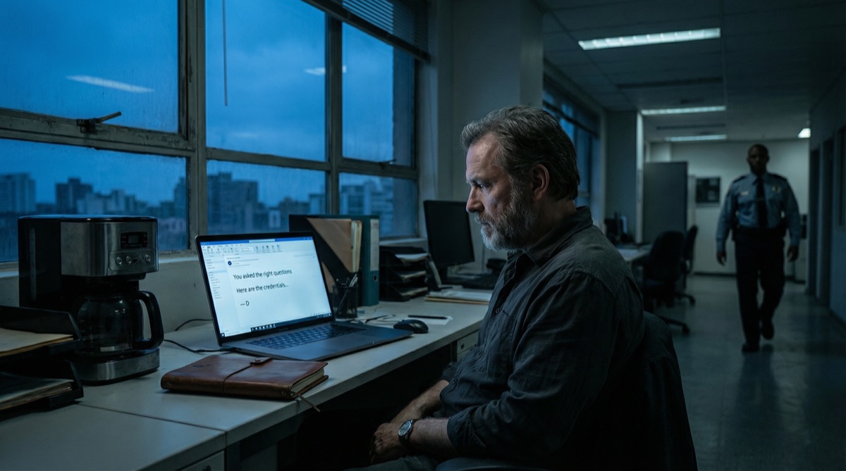Stefan sentado solo en la oficina vacía antes del amanecer, su rostro iluminado por la pantalla del laptop mientras lee un correo misterioso. Las sombras son largas, y su cuaderno de cuero yace abierto a su lado.