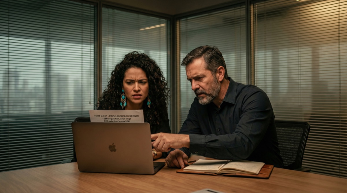 Una pantalla mostrando un documento con encabezados en negrita y detalles financieros — el term sheet que prueba la traición de Alejo. Las manos de Isabella y Stefan son visibles en el borde del encuadre.