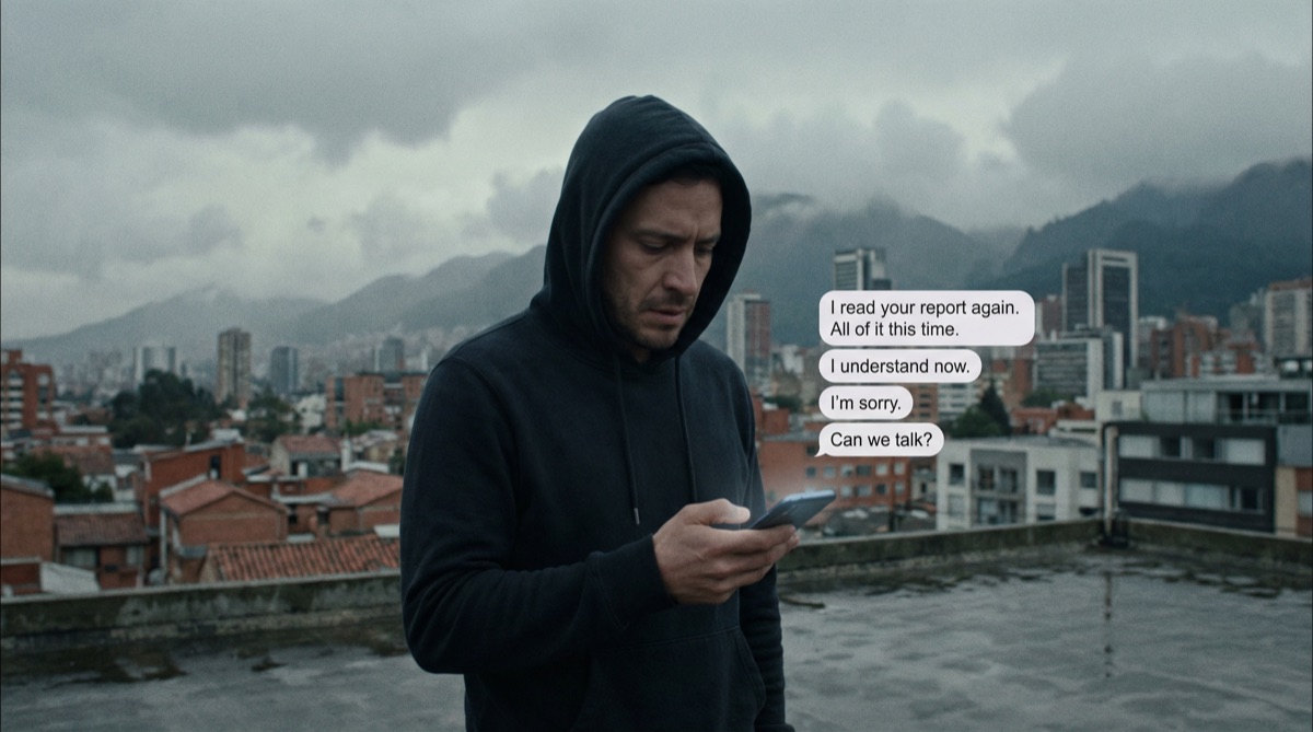 Sebastián de pie solo en la azotea mojada del edificio de oficinas, sosteniendo su teléfono mientras mira los mensajes de Diego. El cielo gris de Bogotá se extiende detrás de él.