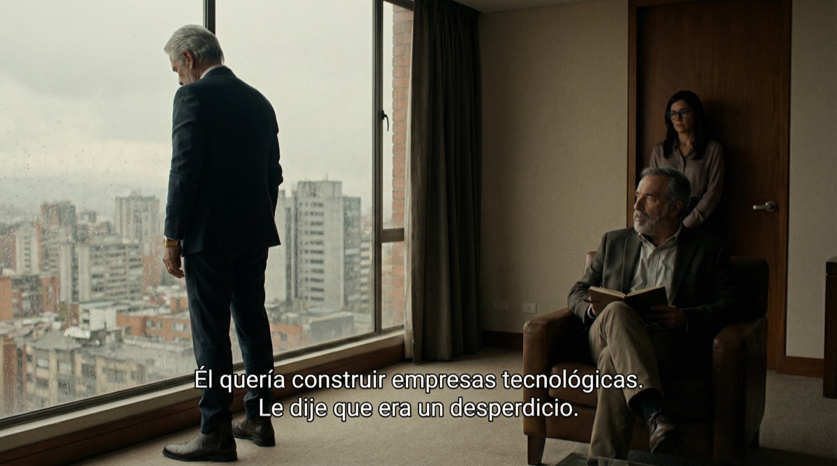 Don Hernando sentado detrás de su escritorio imponente, su mirada penetrante mientras examina a Stefan. La oficina está decorada con recuerdos rústicos de su pasado en los Llanos.