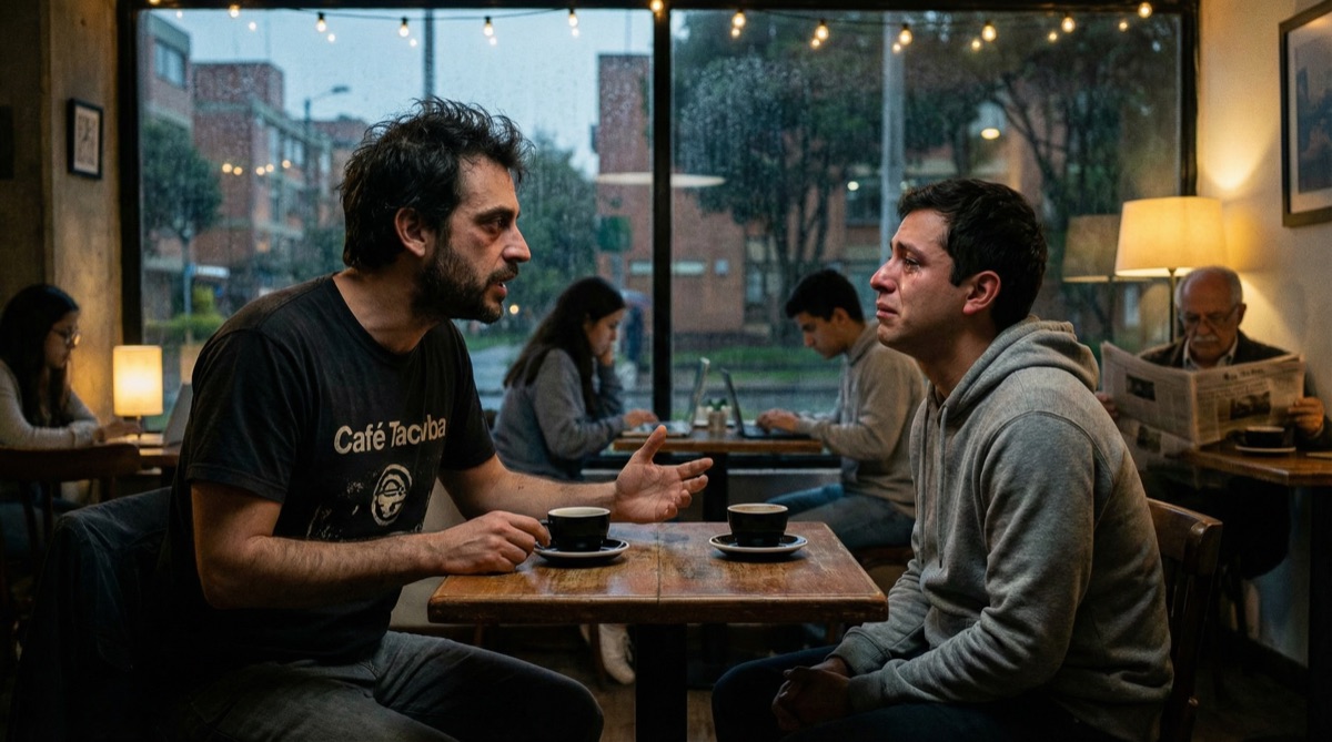 Diego y Sebastián sentados frente a frente en una pequeña cafetería, un tinto intacto entre ellos. La luz cálida y tenue contrasta con la tensión en sus rostros.