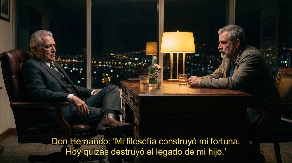 Don Hernando y Stefan sentados en la oficina oscurecida, la botella sin tocar entre ellos. Las luces de Bogotá brillan a través de la ventana. Dos hombres de mundos diferentes, encontrando terreno común en el fracaso.