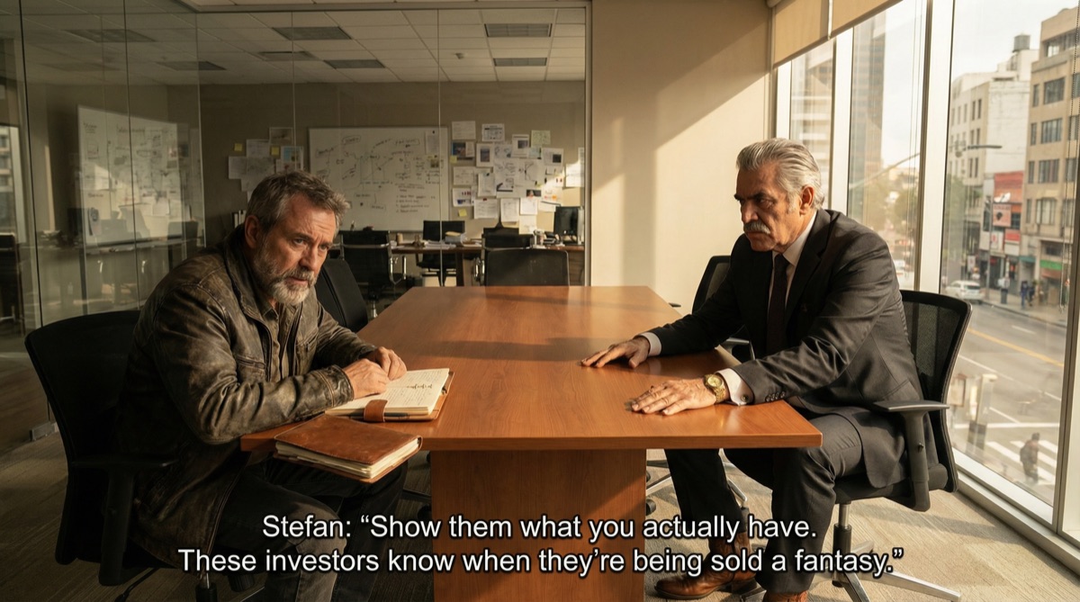 Stefan está sentado frente a Don Hernando durante un receso en el búnker. Su cuaderno está abierto, su expresión seria. El developer advocate alemán está a punto de proponer algo radical.