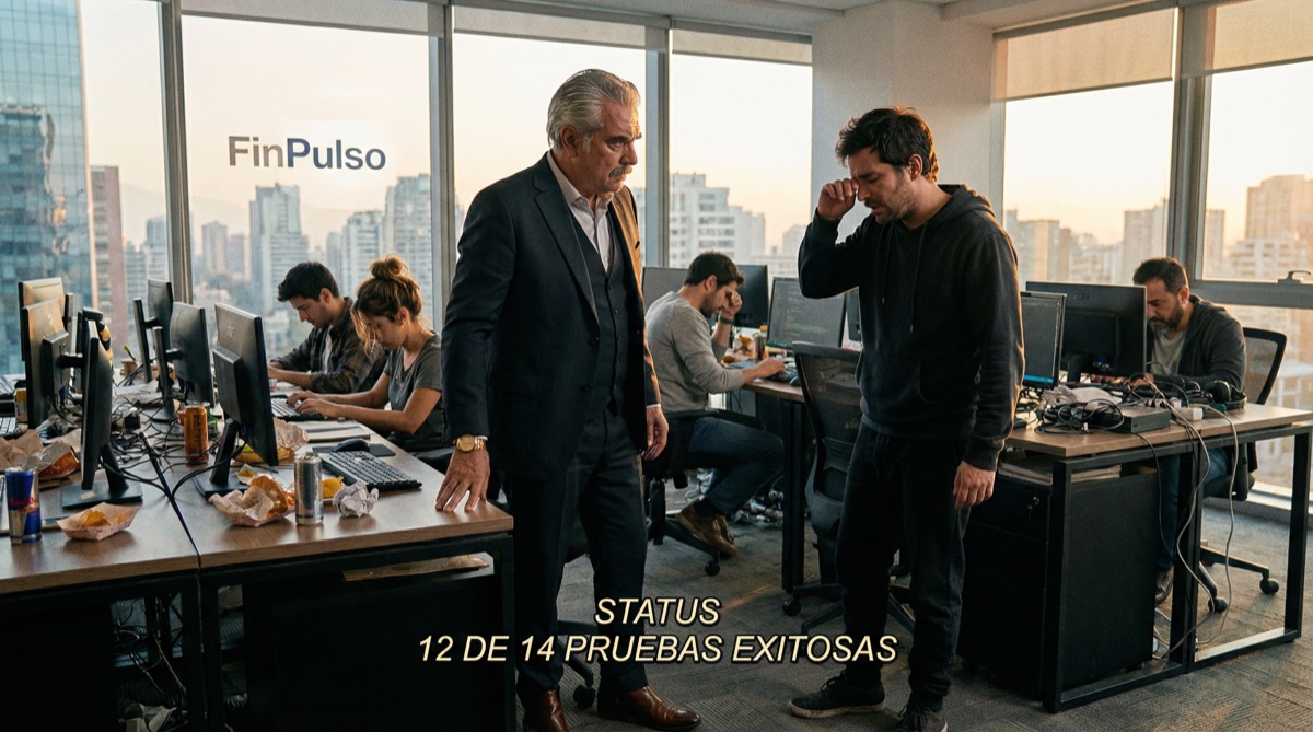 Don Hernando está de pie en la oficina a las 8 AM el día de la demo, vistiendo su traje formal. El equipo agotado se reúne a su alrededor. Sebastián entrega el reporte de estado: 85% de tasa de éxito. El rostro del viejo ranchero no revela nada.