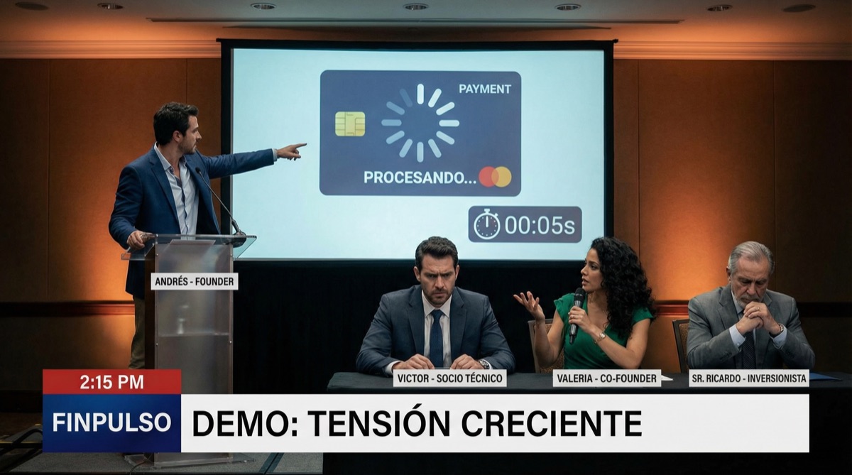 Sebastián en el podio, demostrando una transacción en vivo. El spinner de carga en la pantalla ha estado girando cinco segundos de más. Victor, el inversionista técnico, observa con creciente atención. Las primeras grietas están apareciendo.